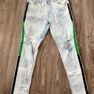 Rue21 Light Blue Skinny Jeans with Green and Black Stripes